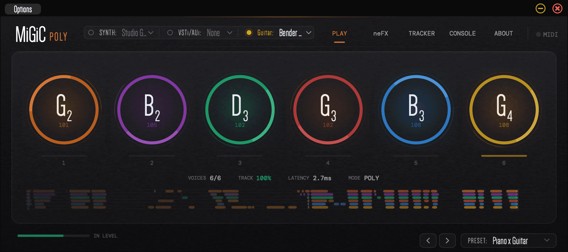 MiGiC Poly — polyphonic mode tracking a full guitar chord as six independent voices